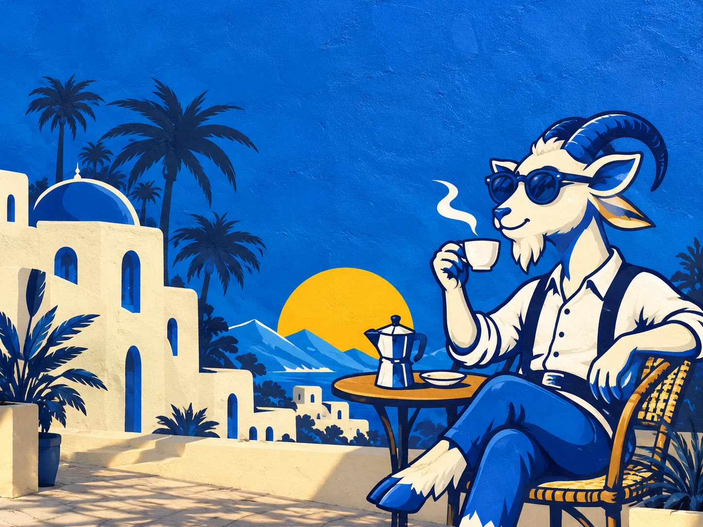 Blue seemore mural with a sunglasses-wearing goat enjoying coffee among cream buildings, palms and a golden sun